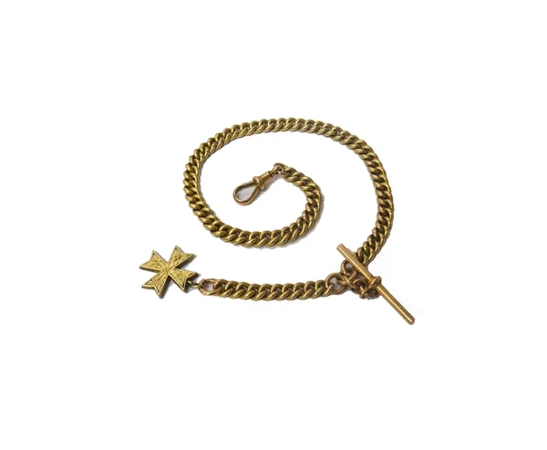 A gentleman's 9ct gold uniform curb link watch Albert chain, fitted with a 9ct gold T bar, a 9ct gold swivel and with a cruciform pendant having engra