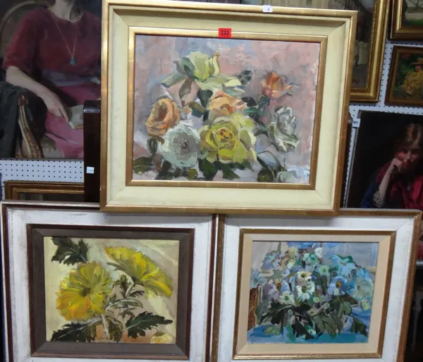 Joan Radclyffe Powell, a group of five floral still lives, oil on canvas and oil on board. (5)