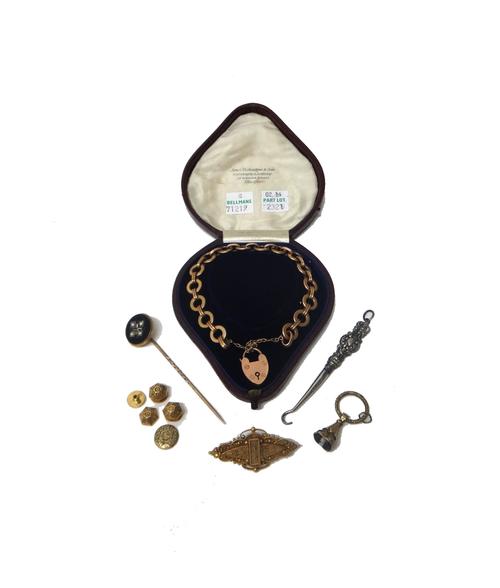 A gold brooch, of lozenge shaped form, with a applied bead and wirework decoration, detailed 15 CT, a gold circular and oval link bracelet, with a gol