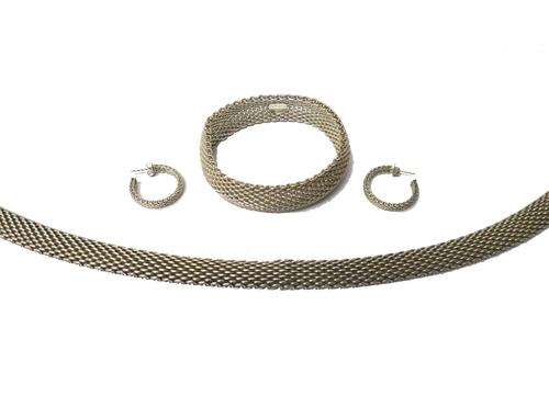 Tiffany & Co silver jewellery, comprising; a collar necklace in a multiple chain link design, on a snap clasp, with a foldover safety catch, detailed