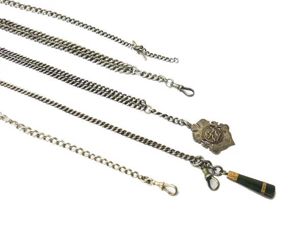 Five gentlemen's silver curb link watch Albert chains, a gold mounted nephrite jade drop shaped pendant and a silver tug-of-war sporting fob medal.