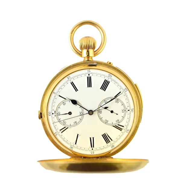 A gentleman's 18ct gold cased, keyless wind, hunting cased, sixty minute recording centre stop seconds, quarter repeating pocket watch, the gilt three