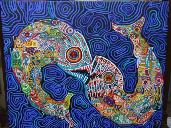 Aboriginal school (contemporary), Fishes, acrylic on canvas.