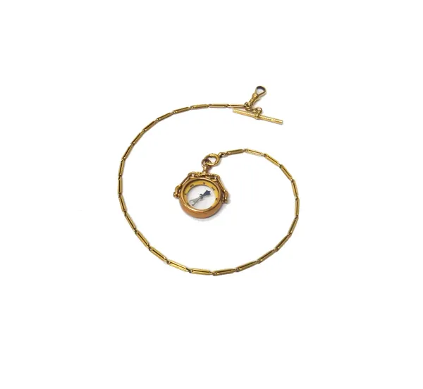 A 9ct gold mounted compass pendant fob and a gold twin bar link dress Albert chain, fitted with a gold T bar, a swivel and a boltring, detailed 18 C,