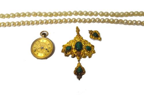 A Victorian gold and malachite set pendant, the front fitted with a drop, a second drop present but detached, the third drop lacking, otherwise in a s