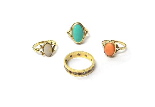 A 9ct gold ring, mounted with an oval opal, a 9ct gold ring, mounted with an oval coral, a 9ct gold ring, mounted with an oval turquoise and a gold, s