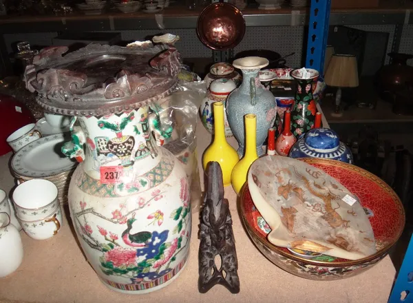 A quantity of mainly Oriental ceramics and collectables, including a baluster vase on stand, a lacquer shell on stand, a pair of brush pots and sundry