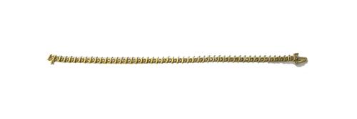 A gold and diamond set line bracelet, claw set with a row of circular cut diamonds, with 'S' shaped divisions at intervals, on a snap clasp, with a fo