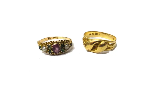 A Victorian 15ct gold, half pearl, emerald and gem set ring, decorated with pierced sides, ring size L and an 18ct gold ring, designed as two entwined