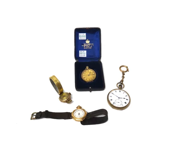 A gentleman's gilt metal cased, keyless wind, openfaced pocket watch, fitted with a gilt metal swivel and boltring, a lady's gold cased, keyless wind,