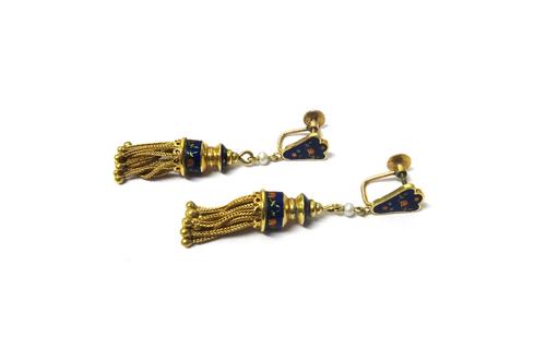 A pair of gold, enamelled and seed pearl earrings, each designed as a pendant tassel, the tops with enamelled decoration and with a single seed pearl
