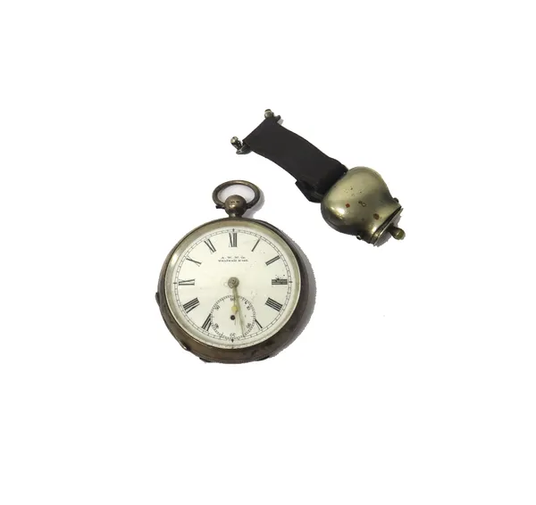 A lady's base metal cased novelty fob watch, formed as a cow bell, fitted to a leather strap and a gentleman's silver cased, key wind openfaced pocket