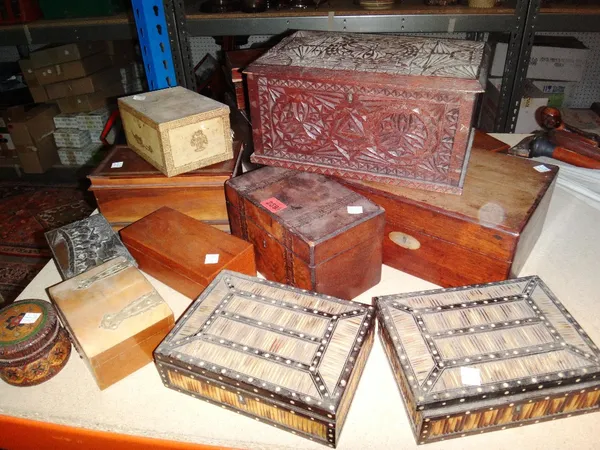 A quantity of 19th century and later boxes, including tea caddies, writing slopes, a porcupine quill, boxes and sundry.