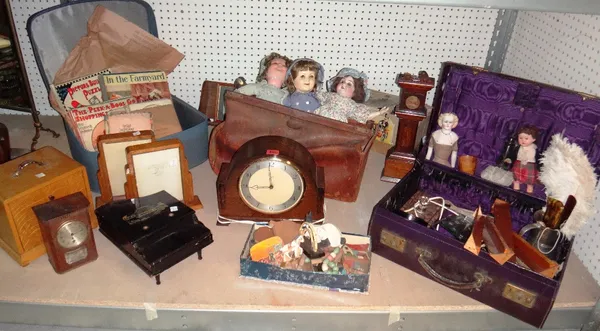 A quantity of collectables, including a Gladstone bag, a purple leather suitcase, a Mahjong set, samplers, a mantel clock and sundry.