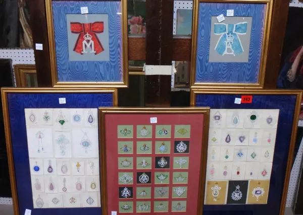 A group of illustrations of pendant and brooch designs, many incorporating monograms, framed as five. (5)