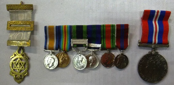 A group of six mostly First and Second World War period dress miniature medals, a silver gilt Masonic medal cased and three further items.