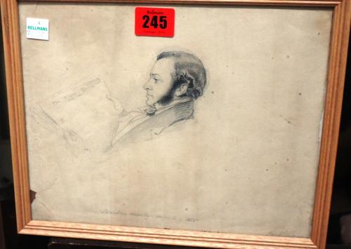 Swanbow Mozley (19th century), Study of a gentleman reading a newspaper, pencil, signed and dated 1855.