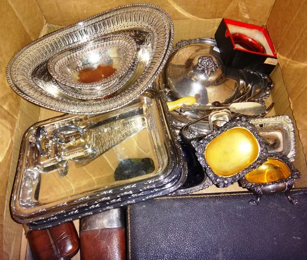 A box of plated wares, including mustard pots, entree dishes and sundry.