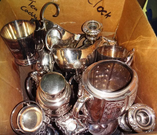 A box of silver plated items, including sauceboats, tankards, candlesticks, a twin handled sugar bowl and sundry.