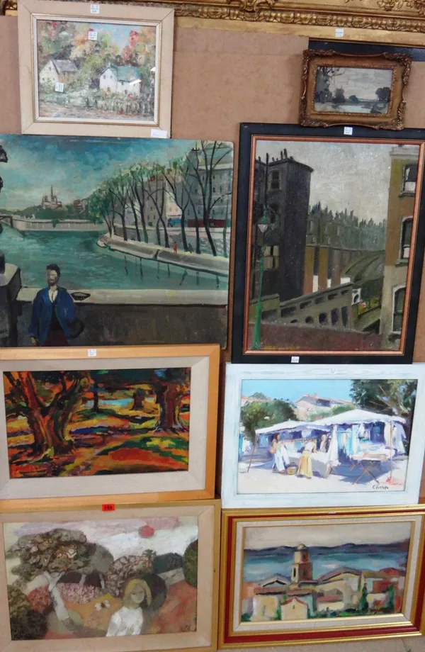 A group of assorted 20th century oil paintings, including figurative subjects, town scenes, a Paris embankment scene signed Del Deves, and others. (qt
