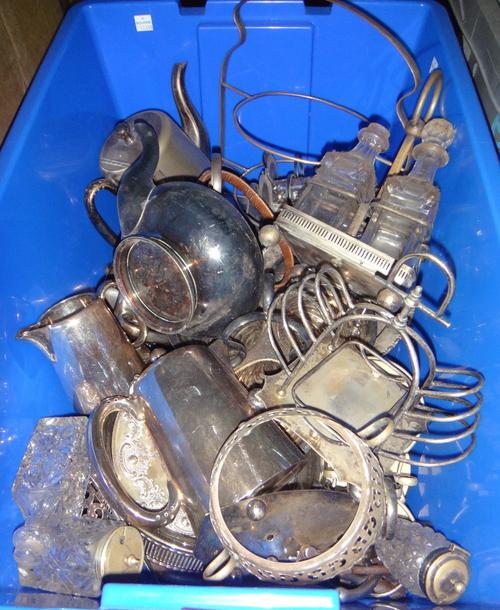 A box of silver plated items, including cruet stands, toastracks, tea sets and sundry.