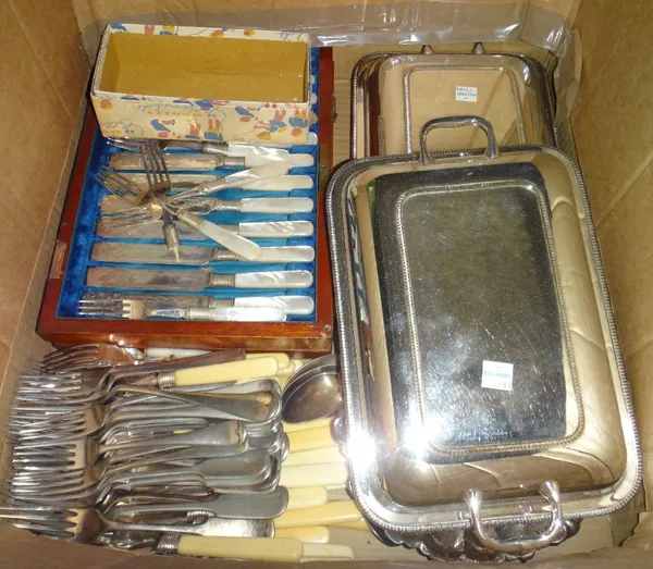 A box of silver plated items, including flatware, tureens and sundry.