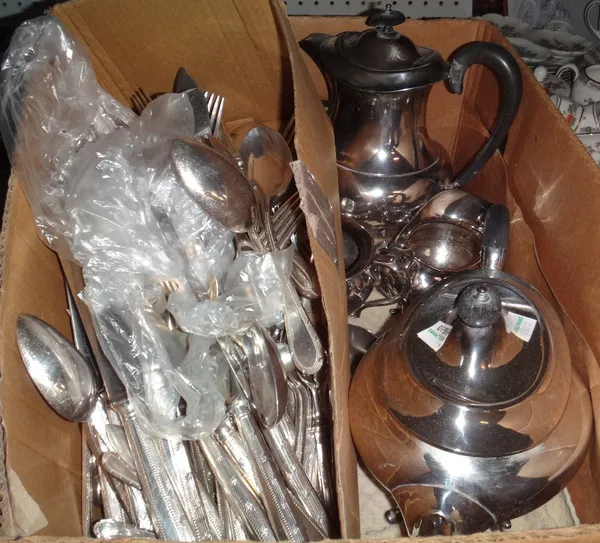 A box of silver plated tea wares, together with a bag of silver plated flatware.