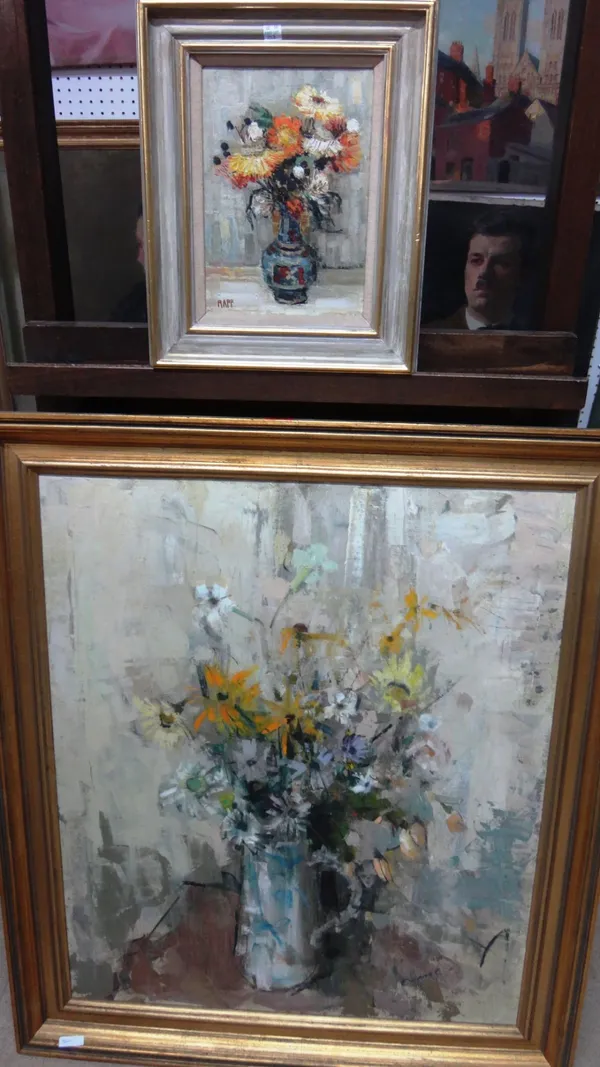** Evans (20th century), Still life of flowers in a vase, oil on canvas, signed, together with a similar smaller still life signed Rapp.(2)