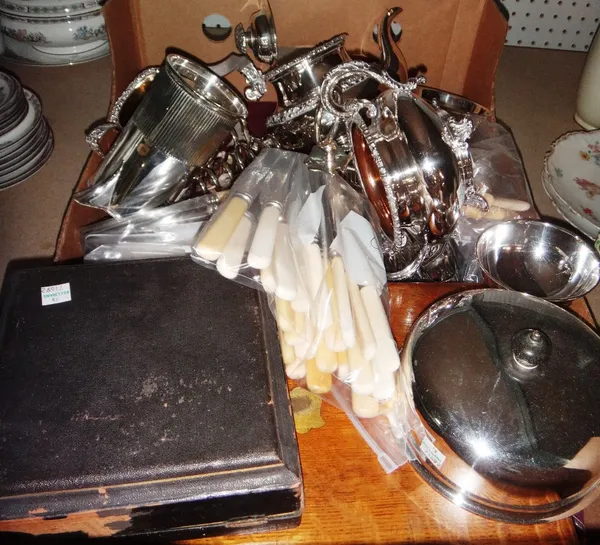 A box of silver plated items, including tea wares and flatware.