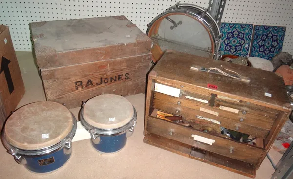A quantity of tools contained in a stained pine box, together with a quantity of bowls in a box, a Premier snare drum and a set of bongos.