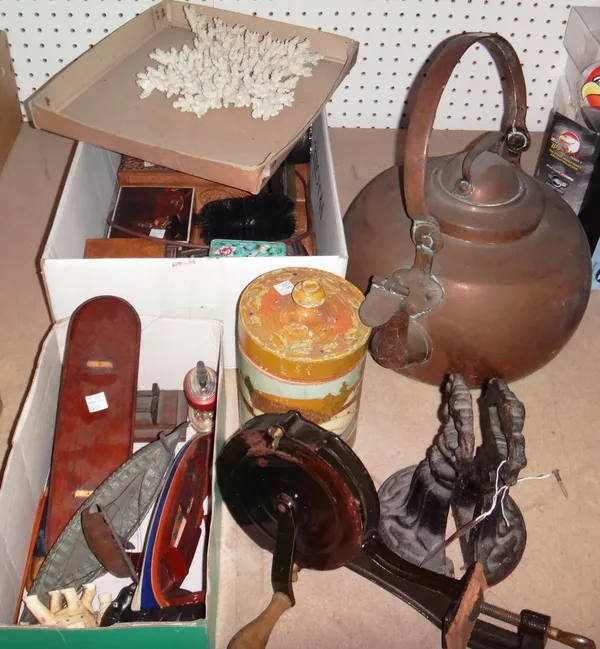 A quantity of collectables, including cast iron door stops, wooden boxes, a marmalade cutter and sundry.