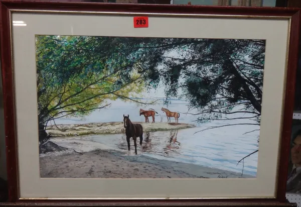 Attributed to Roland Vivian Pitchforth (1895-1982), Horses on the shore of a lake, watercolour, bears a signature.
