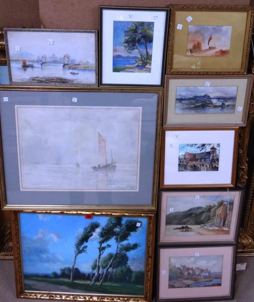 A quantity of assorted watercolours, oils and prints, including landscapes, an oil of trees, a gouache of a warship and others.(qty)