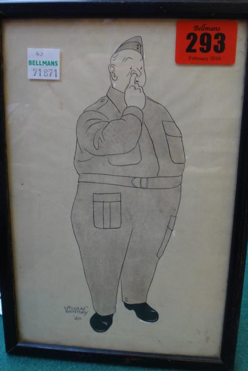 Nicolas Bentley (1907-1978), Caricature of a soldier, pen, ink and grey wash, signed and dated '40, 21cm x 13cm.