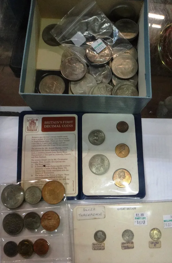 A collection of British coins, including; A Victoria old head crown, 1897, a George V Silver Jubilee crown, 1935, a quantity of Elizabeth II crowns, t