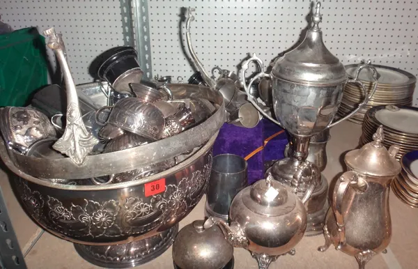 A large quantity of assorted silver plated items, including jugs, tankards, a large bowl, trophy cups and sundry.