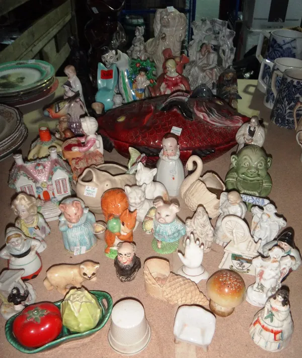 A quantity of 19th century and later ceramic figures, including Doulton figures, Beatrix Potter figures, Staffordshire figures and sundry.