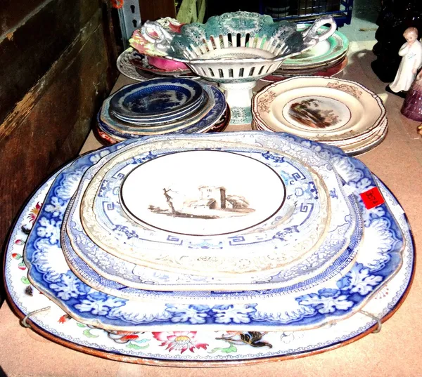 A quantity of blue and white meat plates, together with a quantity of hand painted cabinet plates.