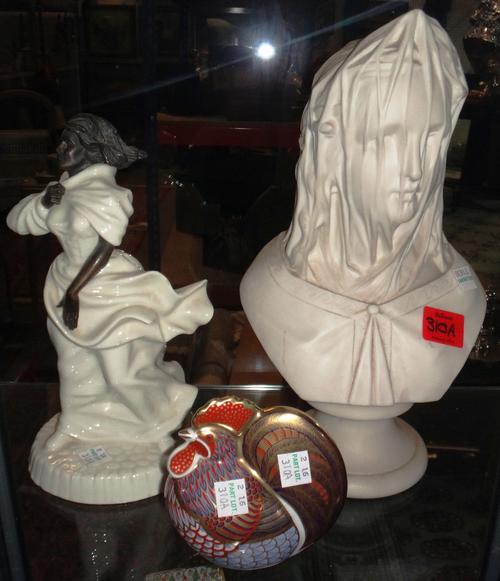 A Royal Crown Derby Imari pattern paperweight, together with a Minton ceramic figure 'Sea Breezes' and a white glaze bust of a female under a veil.