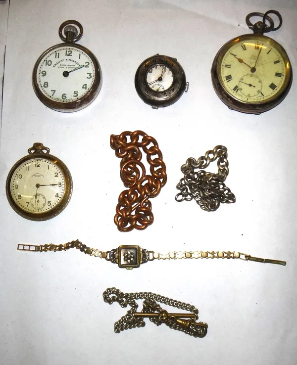A group of watches, including a Kays silver cased pocket watch, a gilt metal pocket watch, a lady's cocktail wristwatch, a trench style silver cased p