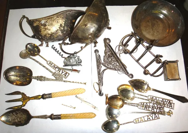 Silver, comprising; a pair of sauceboats, an anointing spoon, sundry silver teaspoons, an Eastern white metal dish and sundry.