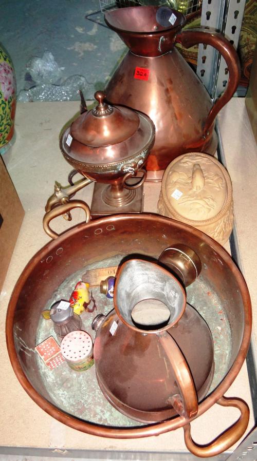 A quantity of collectables, including a twin handled copper jam pan, a copper samova, copper jugs, a Wedgwood game pie dish and sundry.