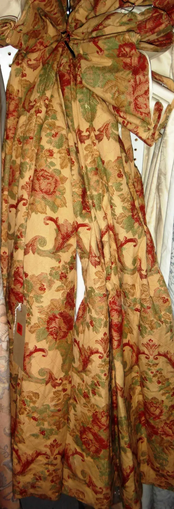 A pair of floral beige curtains, each curtain 50cm wide x 150cm long, together with another pair, each curtain 170cm wide x 130cm long. (4)