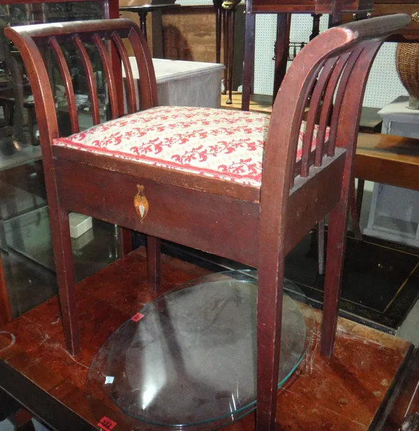 A mahogany piano stool, a mahogany side table, and a swing frame mirror. (3)
