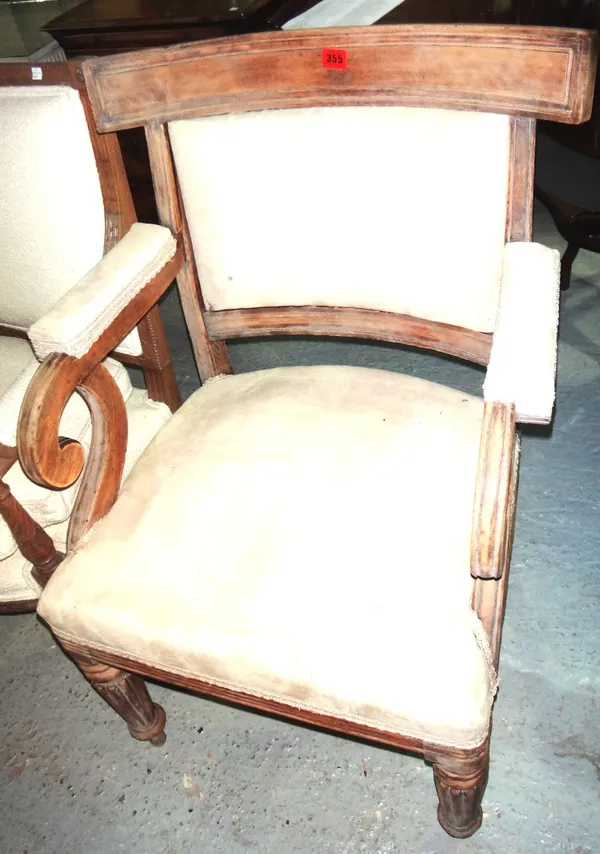 A 19th century oak open armchair on tapering reeded supports, together with a white painted Louis XV style chair. (2)