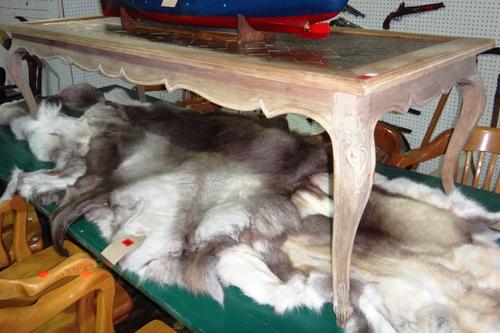 An early 20th century beech framed rectangular coffee table with brass and copper parquetry top.