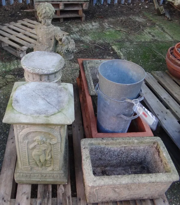 A quantity of garden statuary to include; terracotta and stone troughs, a figural statue and sundry.