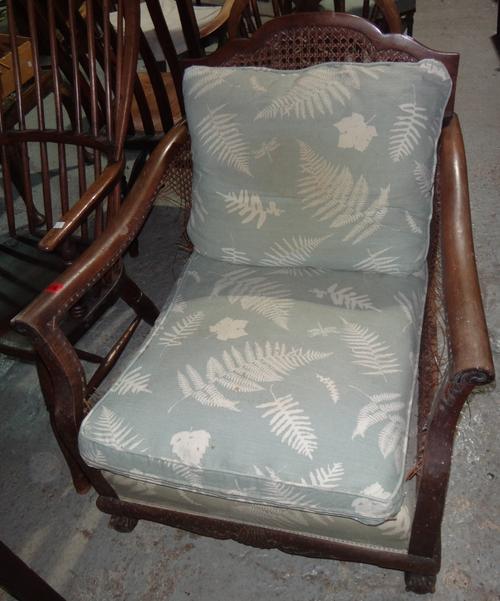 A bergere chair, a white painted small cabinet, and a single chair. (3)