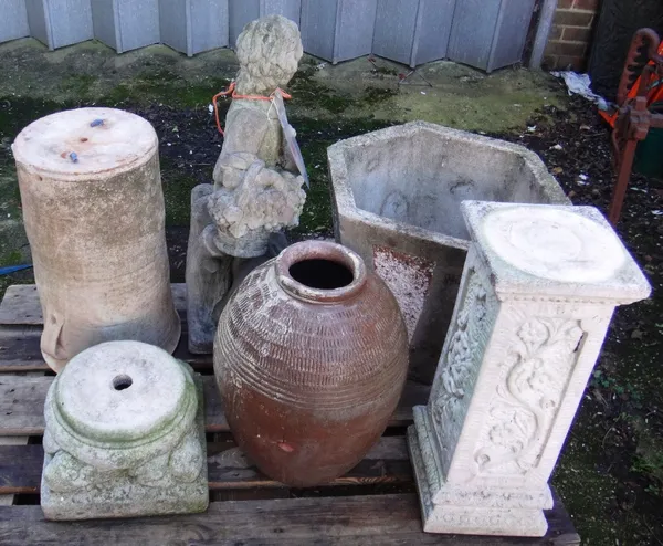 A quantity of garden statuary to include, an octagonal stone pot, a stone figure of a boy, terracotta pots, a plinth and sundry.