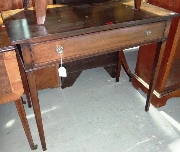 A 19th century mahogany single drawer side table on tapering square supports.